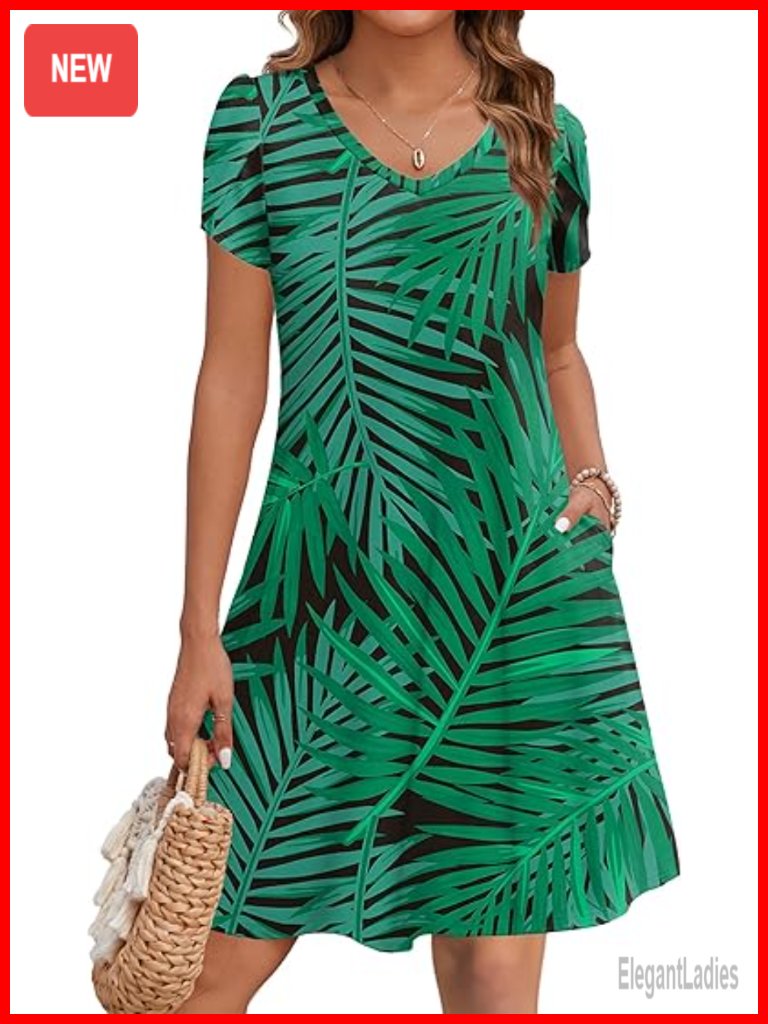 A-Line Mini Dress With Pockets Short Sleeve Flowy Beach Swing Dress Travel